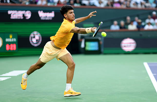 Carlos Alcaraz during a match at Indian Wells 2026.