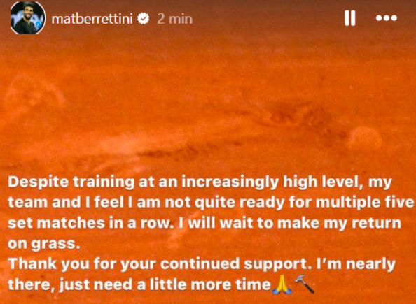 Comunicado de Matteo Berrettini sobre Roland Garros 2024.