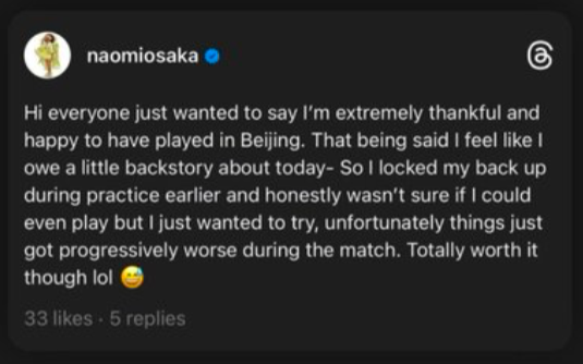Naomi Osaka communicates the extent of her injury in Beijing