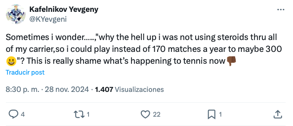Tweet de Yevgeny Kafelnikov tras el positivo de Iga Swiatek.
