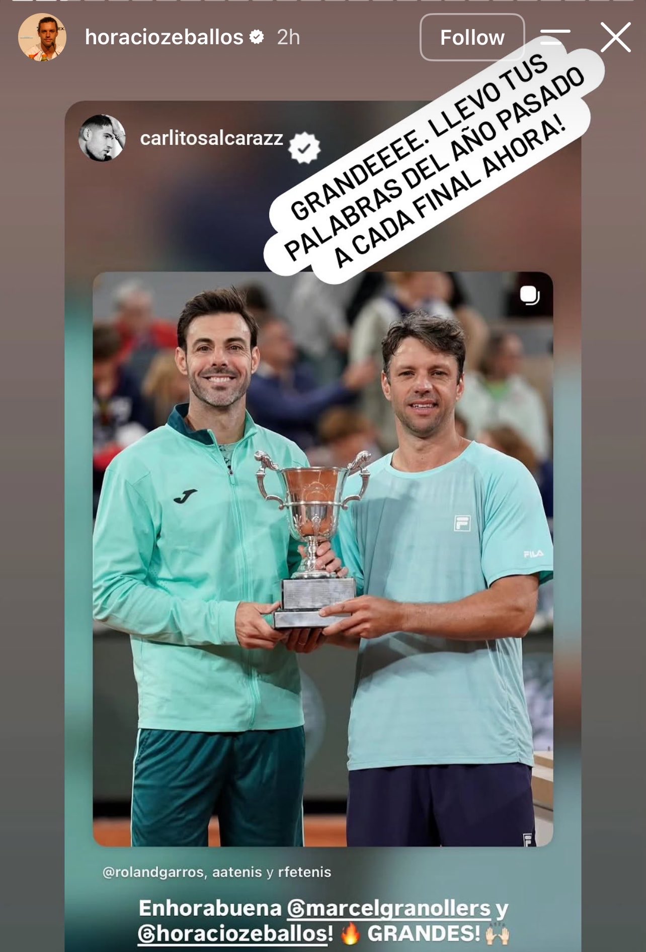 El mensaje de Horacio Zeballos a Alcaraz tras ganar Roland Garros.