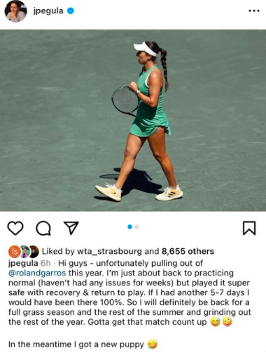 Comunicado de Jessica Pegula sobre Roland Garros 2024.