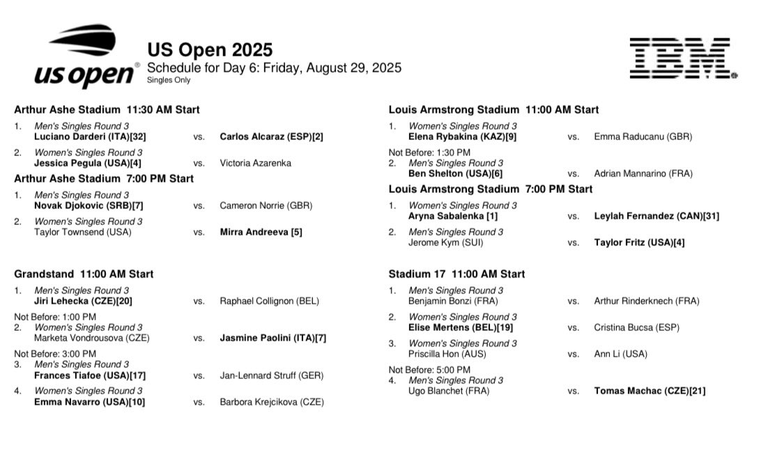Order of play for Friday, August 29, 2025, US Open.