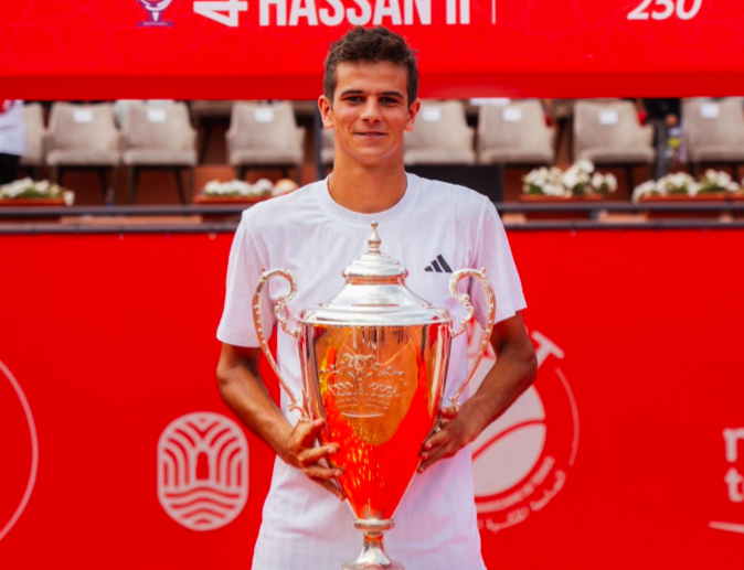 Rafa Jódar posing with the champion's trophy in Marrakech. Source: Getty
