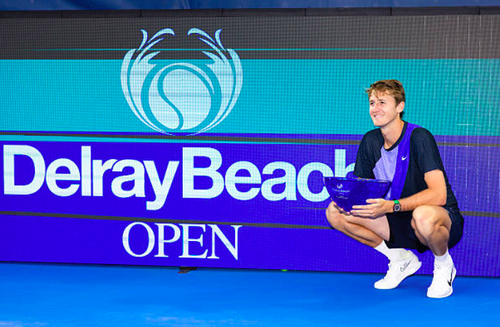 Sebastian Korda posing with the title in Delray Beach 2026. Source: Getty