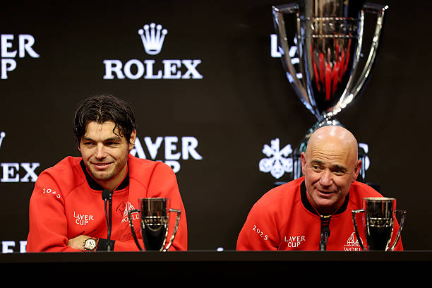 Taylor Fritz and Andre Agassi, in the post-title press conference. Source: Getty