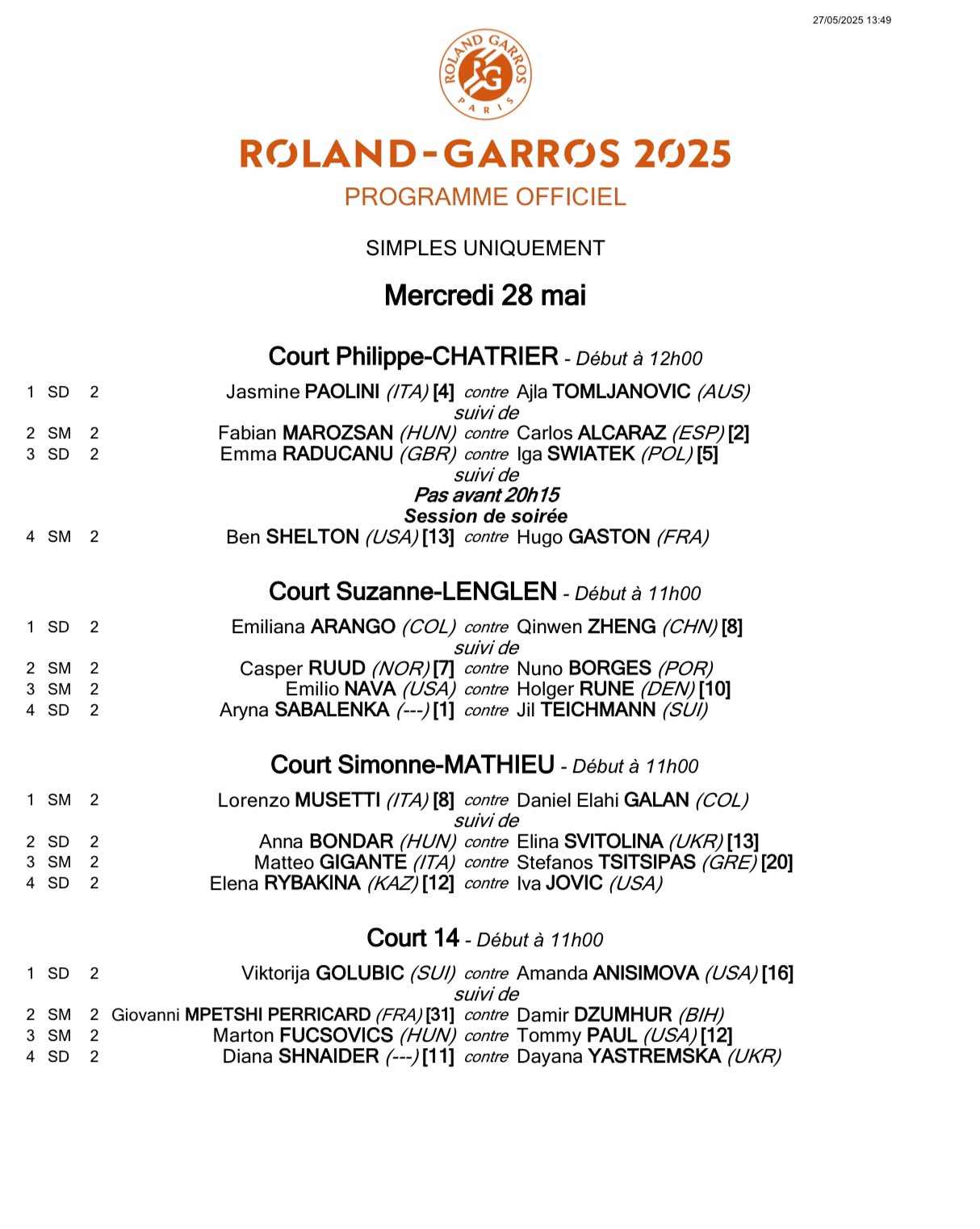 Order of play at Roland Garros 2025