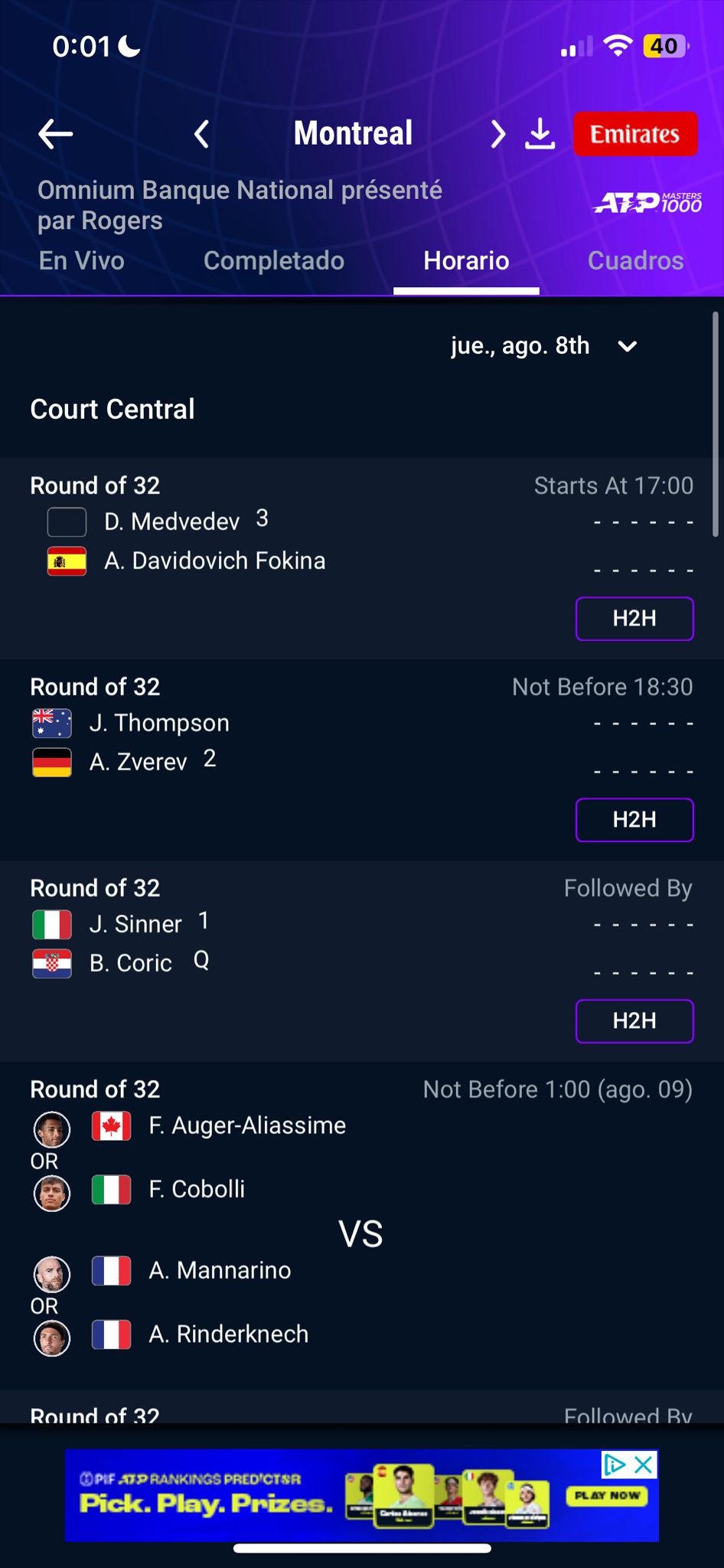 Orden de juego jueves 8 agosto ATP Montreal 2024.