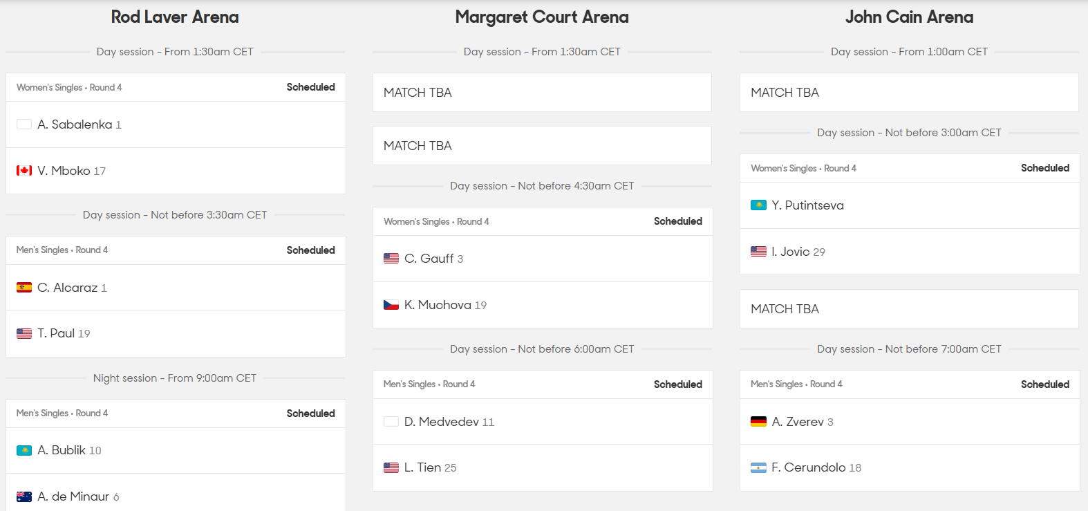 Order of play Australian Open 2026