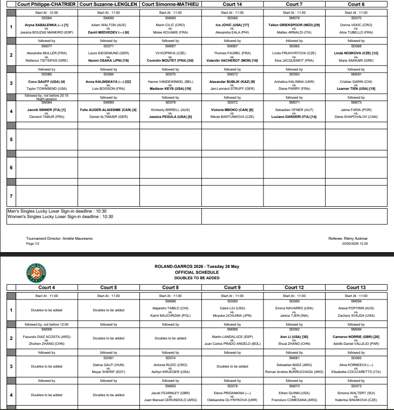Ordre de jeu Roland Garros 2026 mardi 26 mai