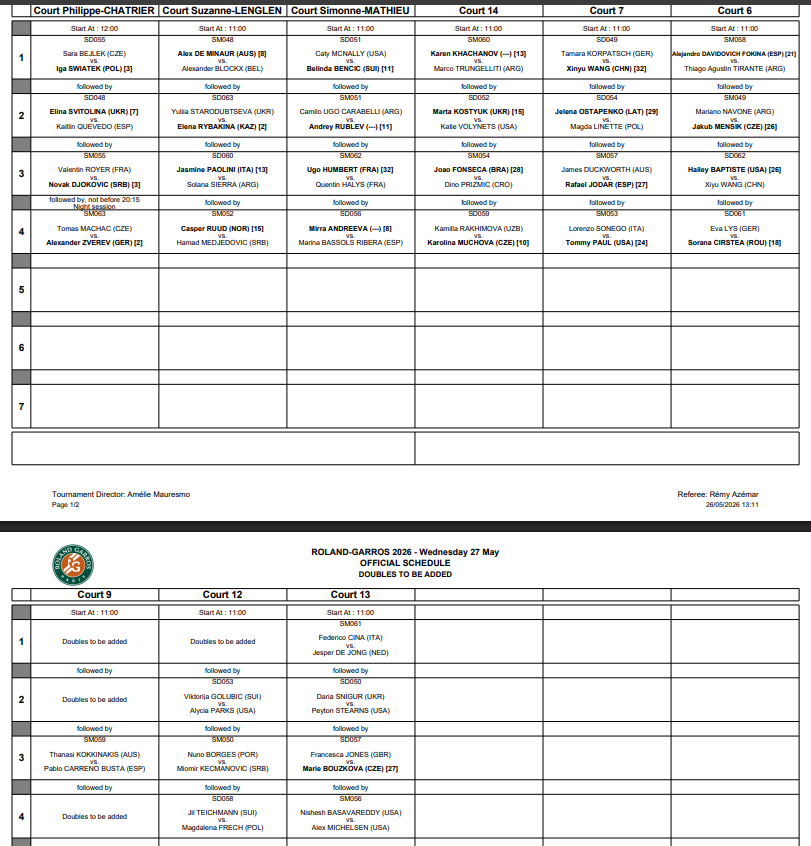 Order of play Roland Garros 2026