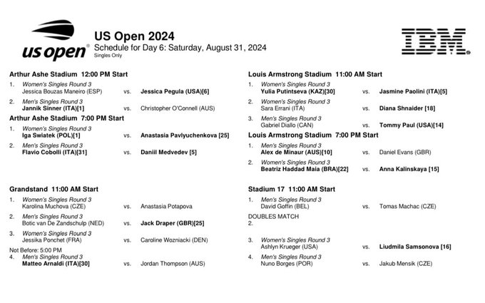 Order of play at US Open 2024 on Saturday, August 31st
