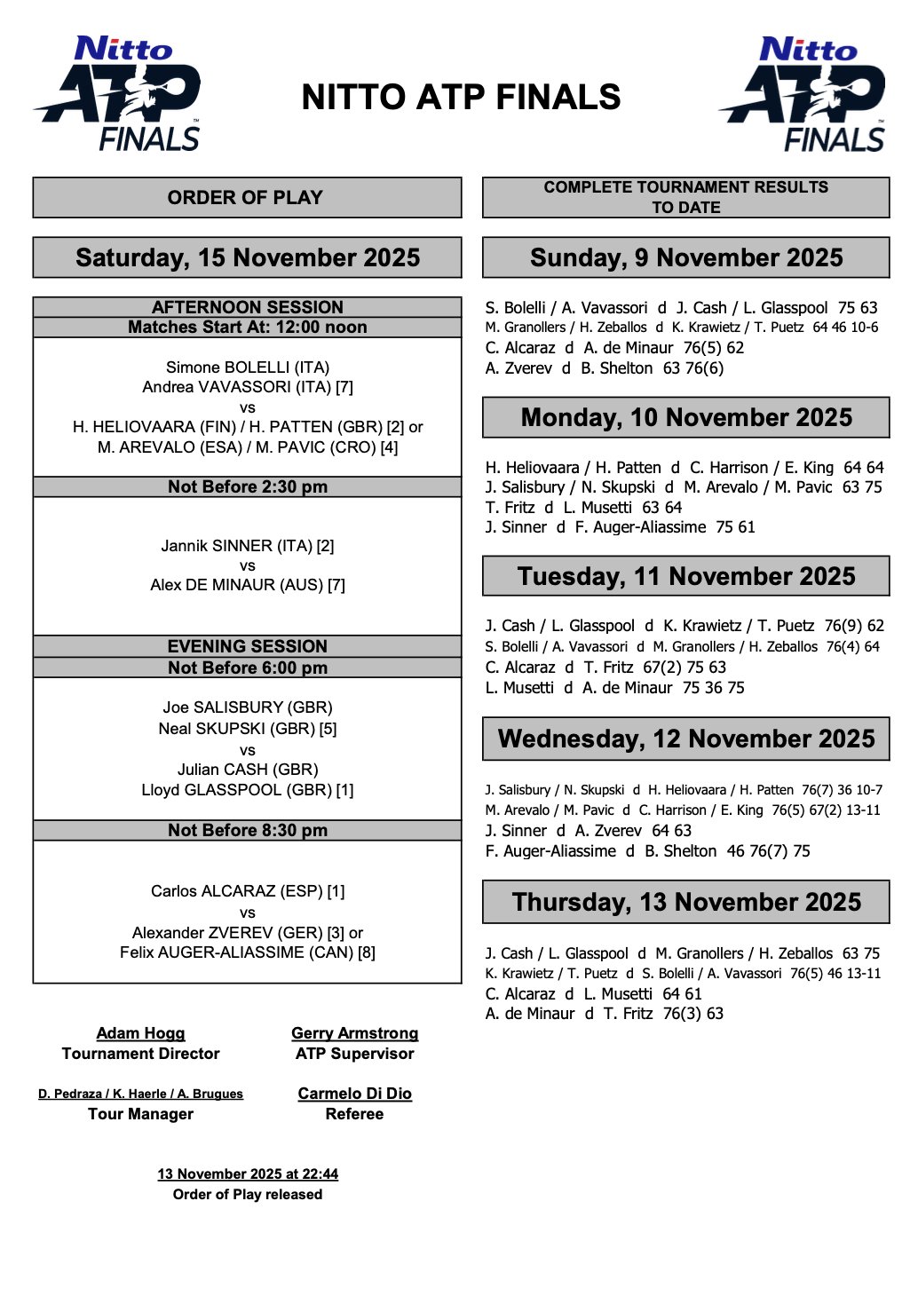 ATP Finals 2025 Semifinals Order of Play, Alcaraz and Sinner