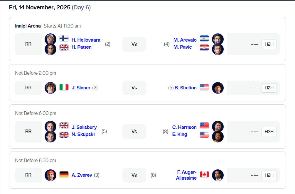 Order of play Friday, November 14th ATP Finals 2025. Photo: atptour.com