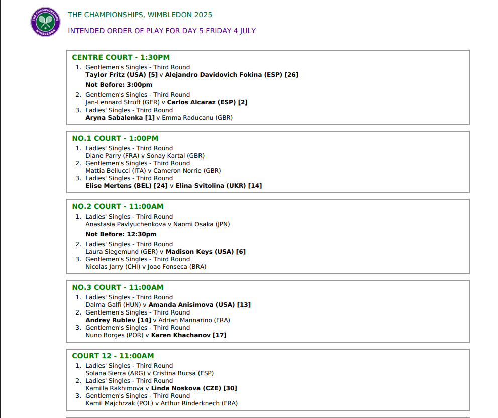 Order of play Friday, July 4th at Wimbledon 2025