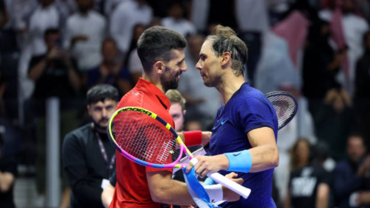 Rafa Nadal and Novak Djokovic at the Six Kings Slam. Photo: Getty
