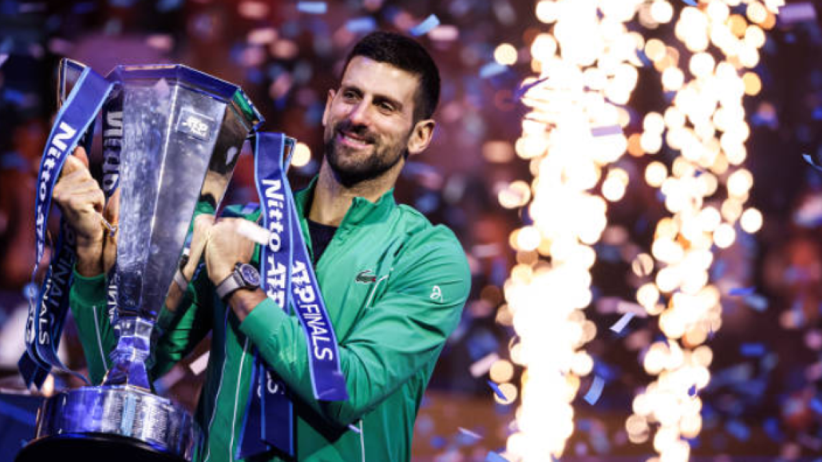 Novak Djokovic with the ATP Finals 2023 title. Photo: Getty
