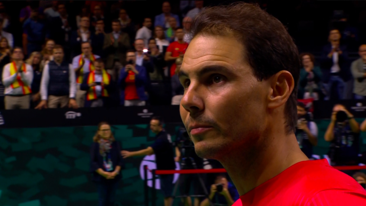 Rafa Nadal watching his farewell video in Malaga. Source: Getty