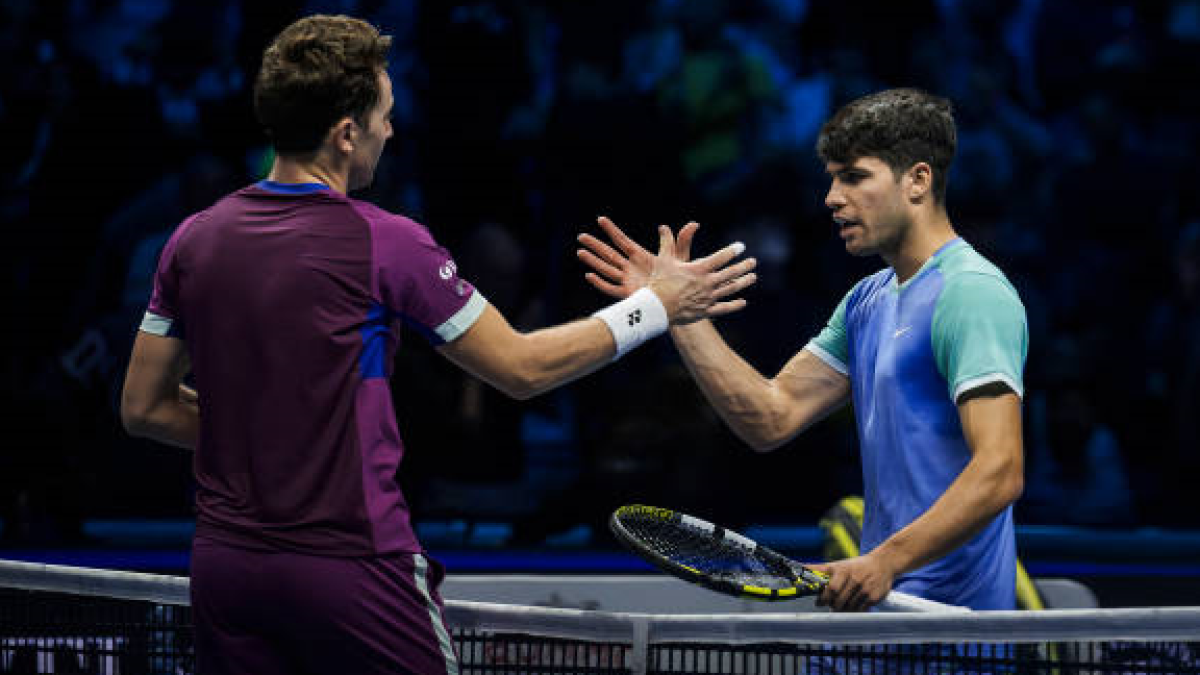 Casper Ruud and Carlos Alcaraz at the ATP Finals 2024. Photo: Getty