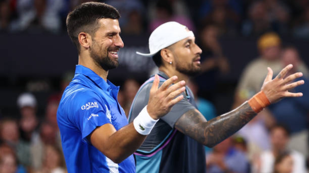 Novak Djokovic and Nick Kyrgios, after their victory in doubles. Source: Getty