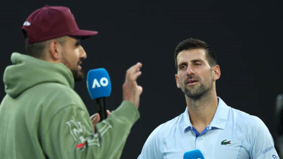 Nick Kyrgios and Novak Djokovic in 2024. Photo: Getty.