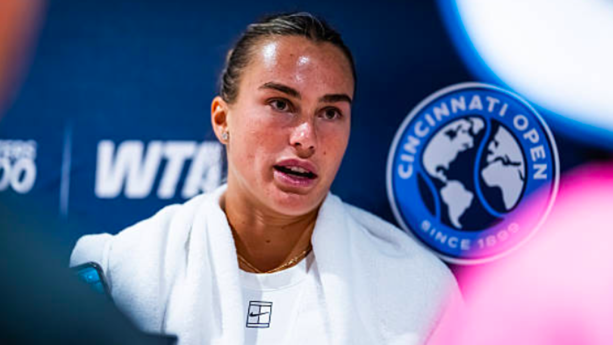 Aryna Sabalenka talking to the press in Cincinnati. Source: Getty