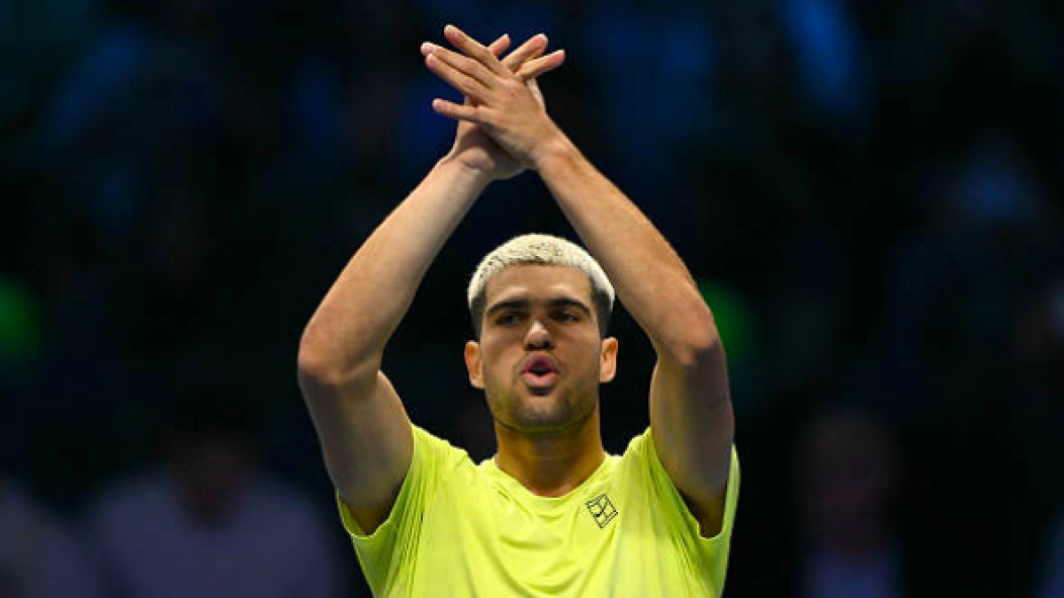 卡洛斯·阿尔卡拉斯评价与亚历克斯·德·明纳尔的精彩比赛。来源：Getty