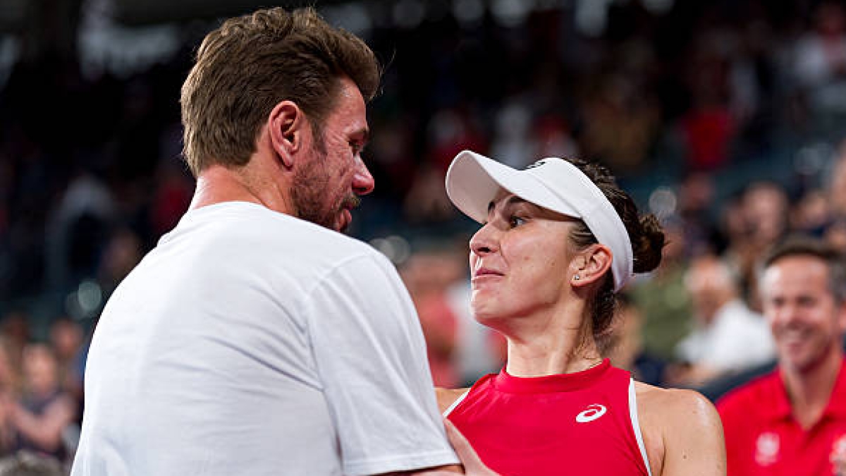 Wawrinka and Bencic celebrate a victory for Switzerland in the United Cup 2026. Source: Getty
