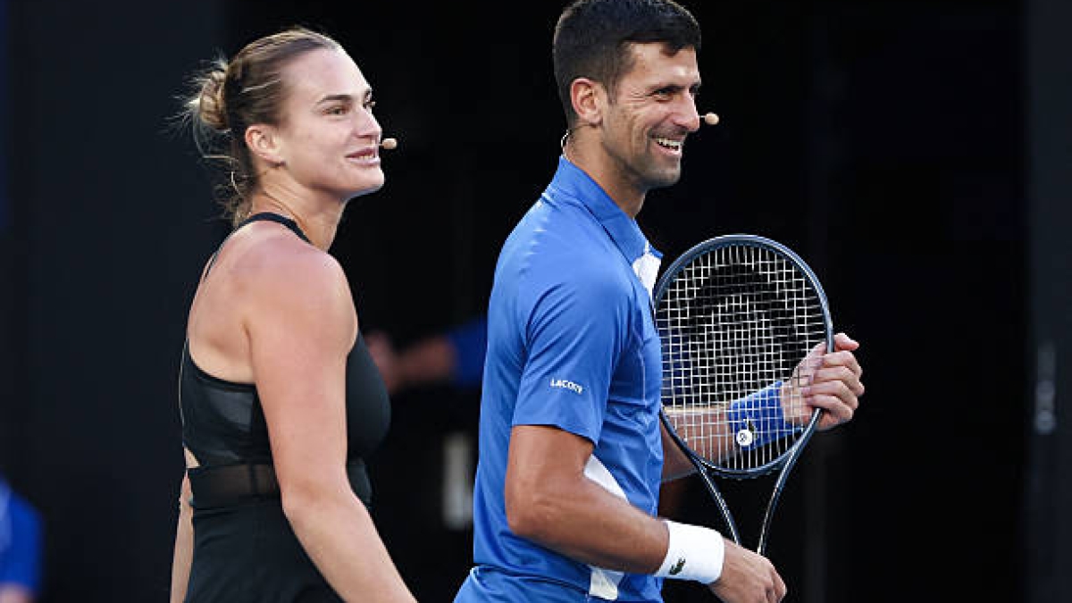 Djokovic's reaction upon reuniting with Sabalenka after her wedding announcement. Source: Getty