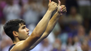 Carlos Alcaraz celebrates reaching the second round of the US Open 2024. Source: Getty