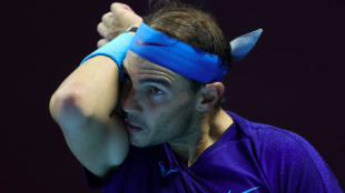 Rafa Nadal during his match with Alcaraz in Saudi Arabia. Source: Getty