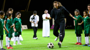 Aryna Sabalenka playing soccer in Riyadh. Source: Getty
