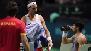 Rafael Nadal and Carlos Alcaraz during their training.
