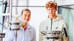 Sabalenka and Sinner, training together at Wimbledon.