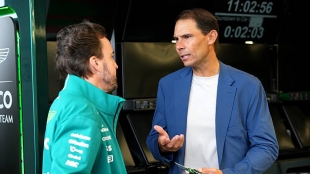 Rafael Nadal visits Fernando Alonso at the Miami GP.