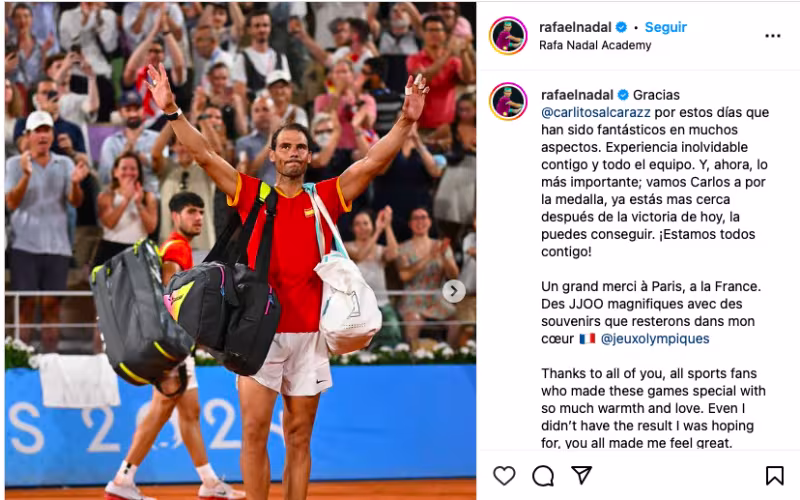 Nadal se sube al carro de Alcaraz en su último mensaje en Instagram