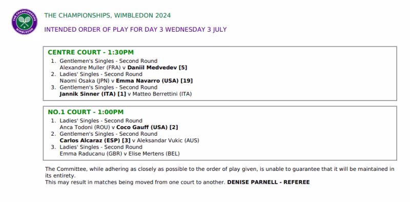 Orden de juego del miércoles 3 de julio en Wimbledon 2024: Sinner, en la central; Alcaraz, segundo turno