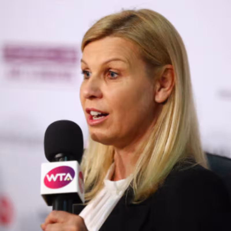 Anke Huber durante una conferencia. Fuente. Getty