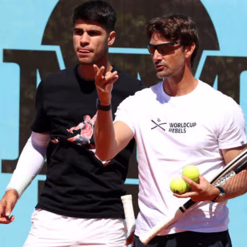 Juan Carlos Ferrero y Carlos Alcaraz en el Mutua Madrid Open 2024. Foto: getty