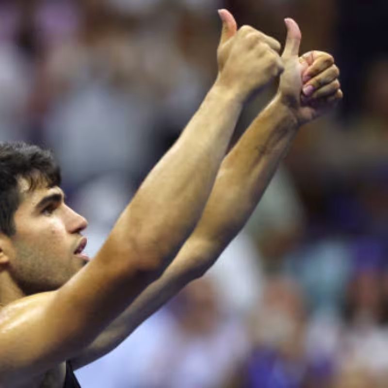 Carlos Alcaraz celebrates reaching the second round of the US Open 2024. Source: Getty