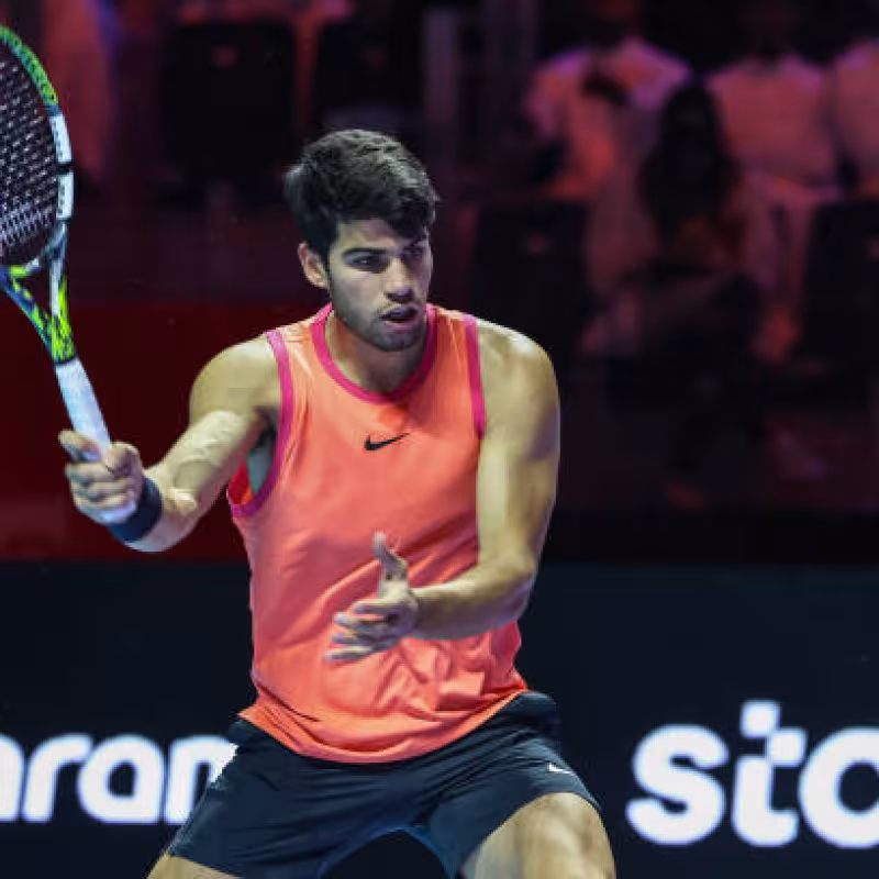 Carlos Alcaraz talks about his upcoming match against Rafa Nadal at the Six Kings Slam. Photo: Getty
