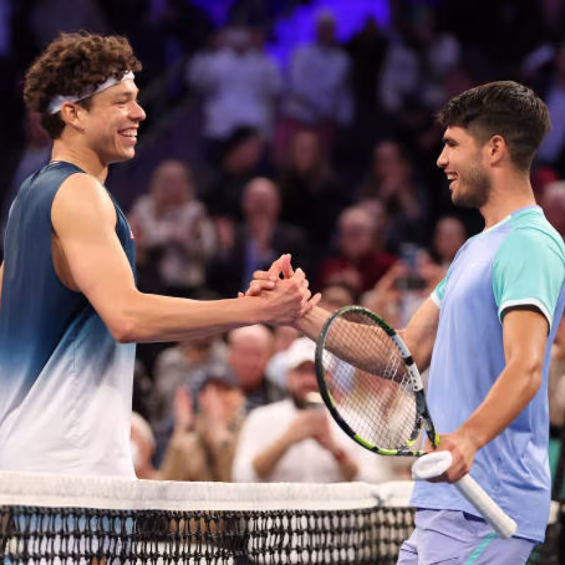 Carlos Alcaraz, alongside Ben Shelton during the last exhibition. Source: Getty