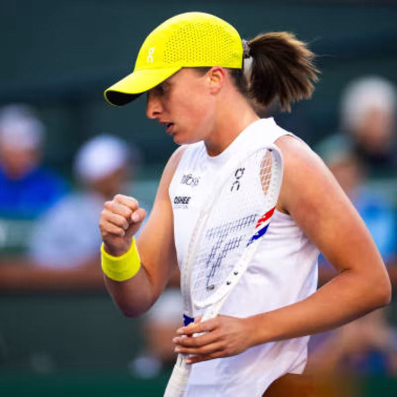 Iga Swiatek in a press conference at Indian Wells 2025. Photo: Getty