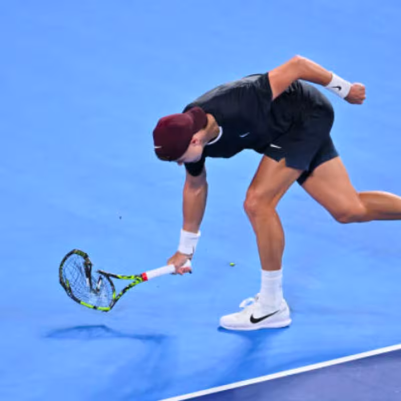 Holger Rune makes a profit with the rackets he destroys. Source: Getty