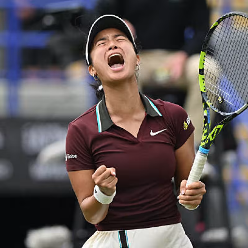 Alexandra Eala celebrates her pass to the final.