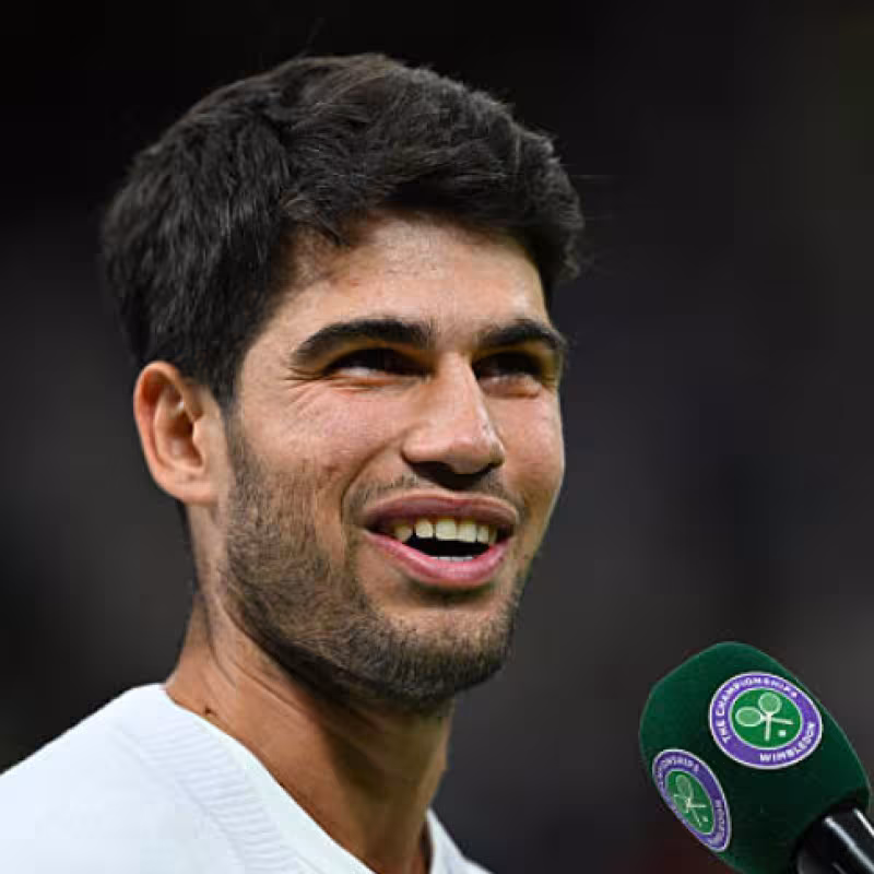 CARLOS ALCARAZ, happy after his victory against Rublev. Source: Getty