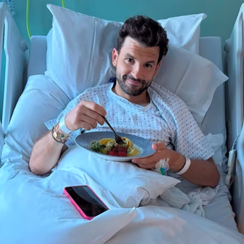 Grigor Dimitrov greets from the hospital. Source: Getty