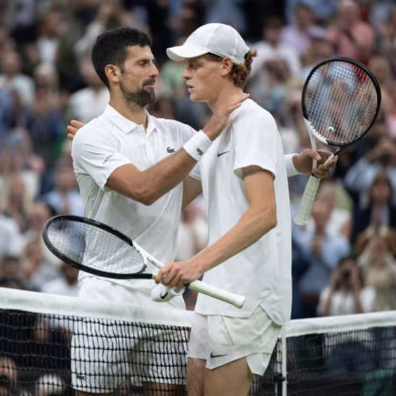 Djokovic and Sinner, in their final showdown at Wimbledon, in 2023. Source: Getty