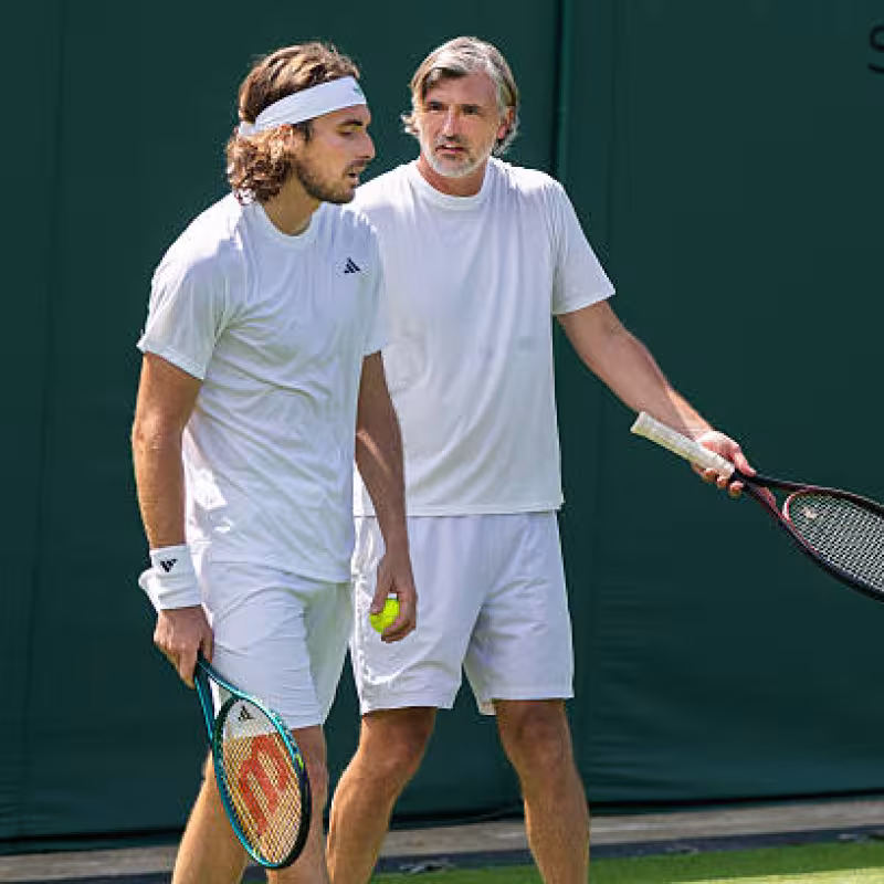 Stefanos Tsitsipas and Goran Ivanisevic at Wimbledon 2025. Photo: Getty