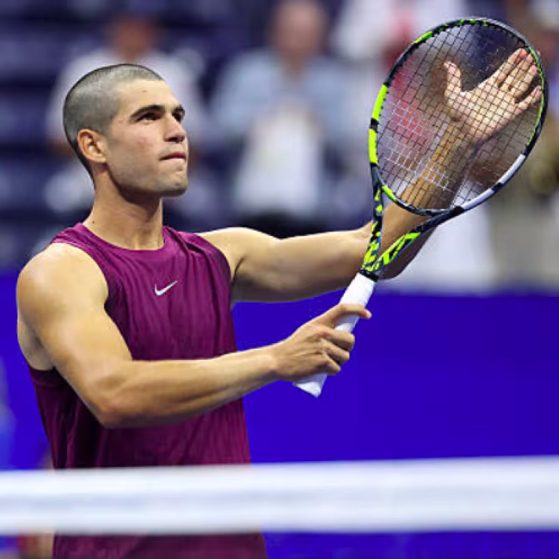 Carlos Alcaraz plays with the stands at the US Open. Source: Getty
